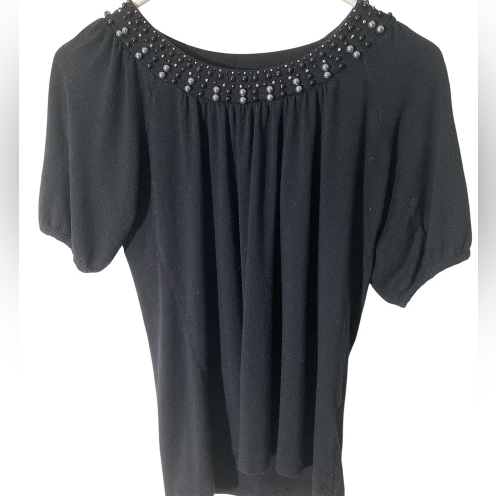 Covington Pearl Collar Blouse Women's PS Black Short Sleeve Simple Elegant Top